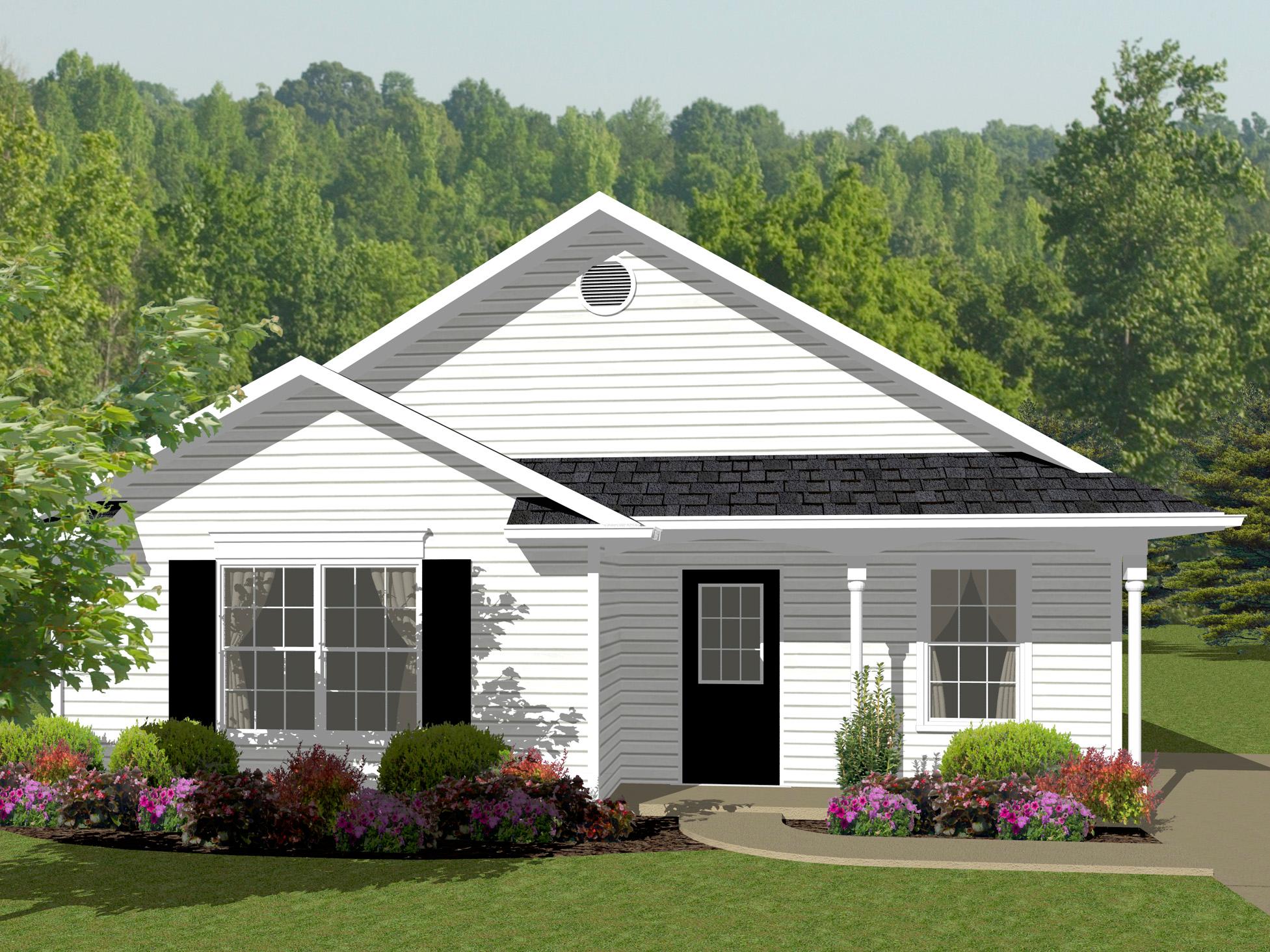 House plan exterior of a single-story home with a gabled roof, front door, and two windows with black shutters.