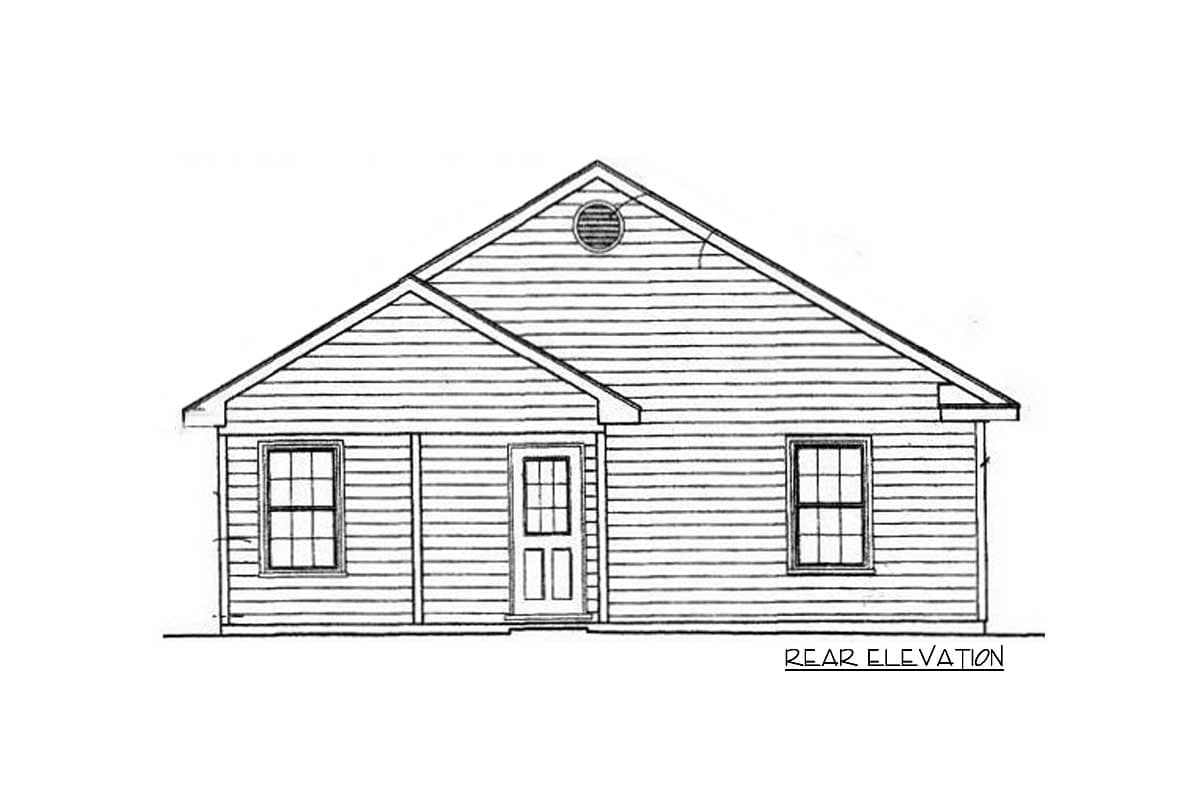 Rear elevation drawing of a single-story house with a gabled roof, central door, two windows, and a circular vent in the gable.