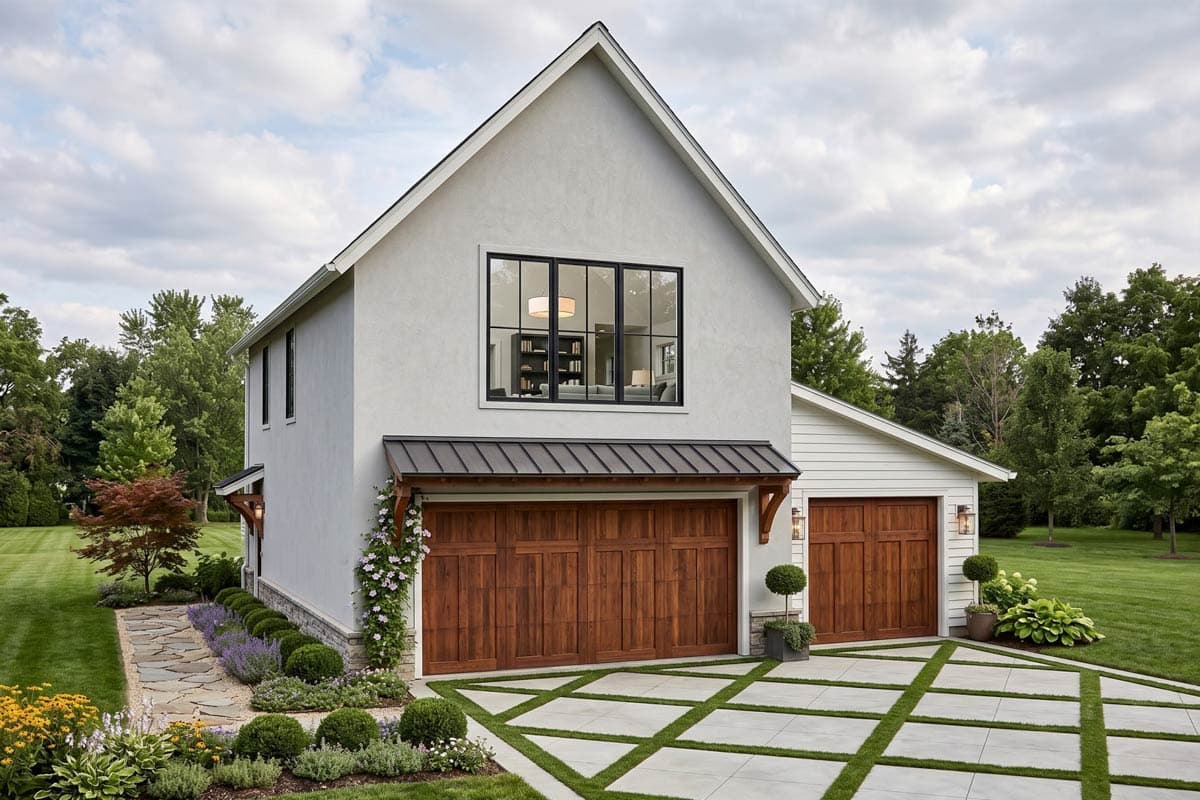 House plan exterior. Two-story modern farmhouse with gabled roof, two garage bays, and black framed windows.