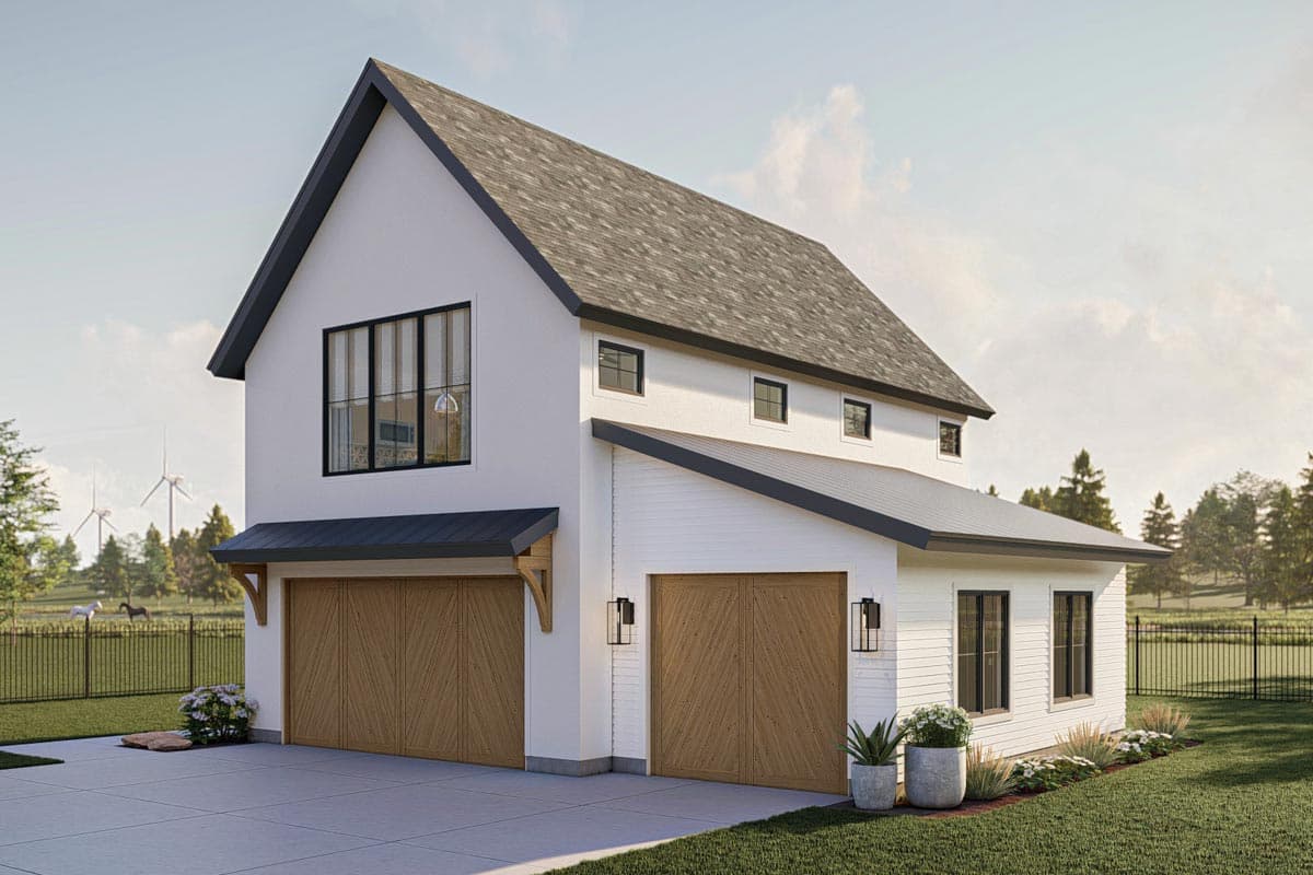 House plan exterior. Two-story modern farmhouse with gabled roof, two garage bays, and black framed windows.