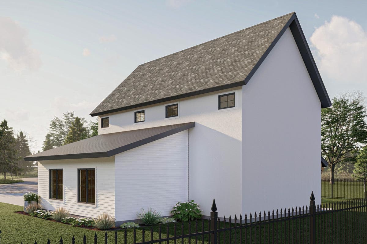 Modern house plan exterior with a prominent gable roof, stucco and horizontal siding, and small rectangular windows.