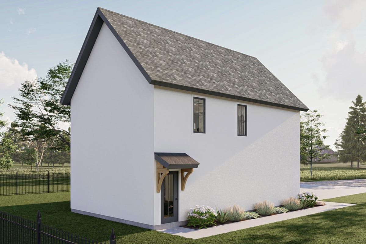 House plan exterior, two-story modern design with a gable roof, stucco finish, and a decorative entrance awning.