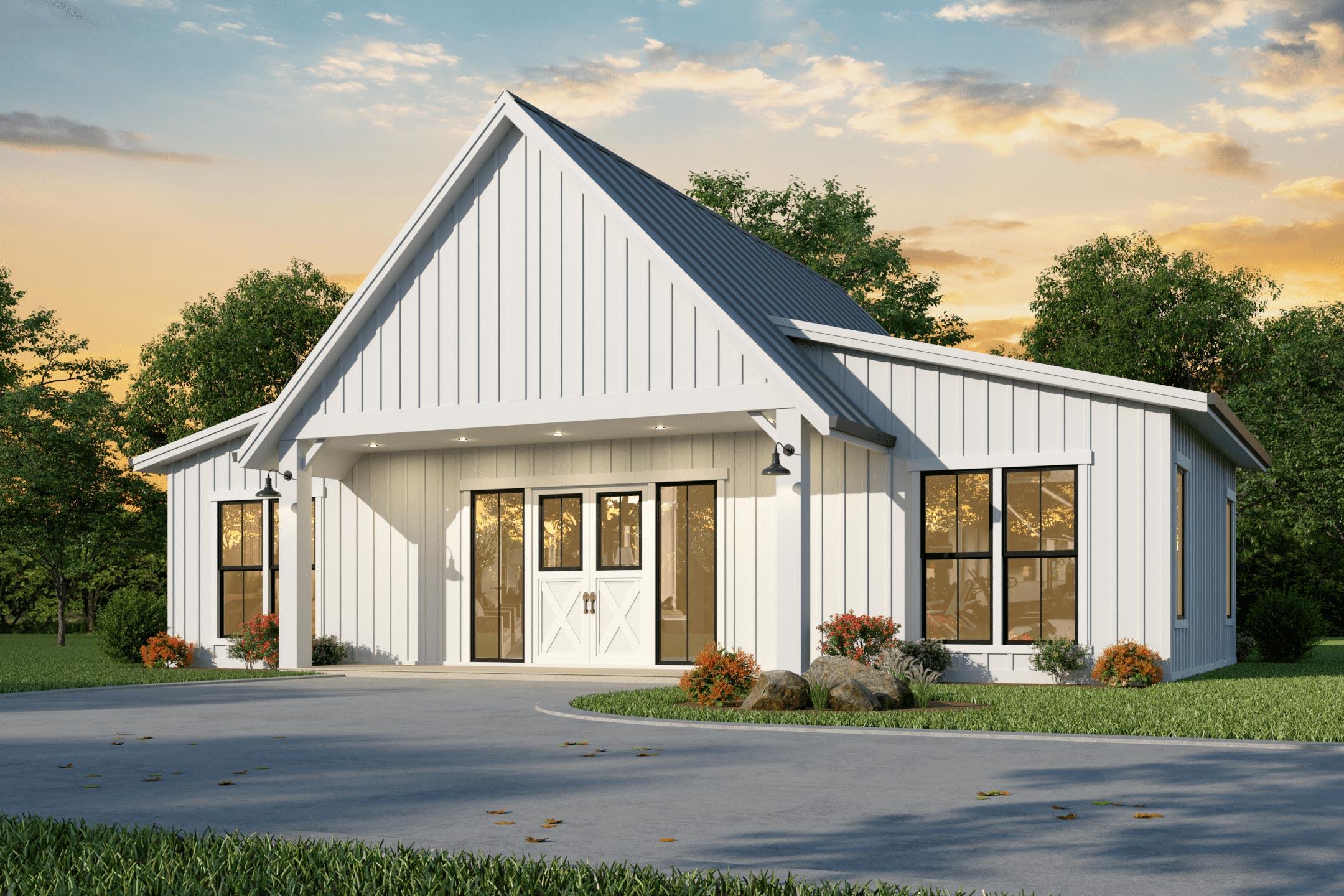 House plan exterior. Modern Farmhouse style with a gabled roof, vertical siding, and a covered porch. Features black-framed windows.