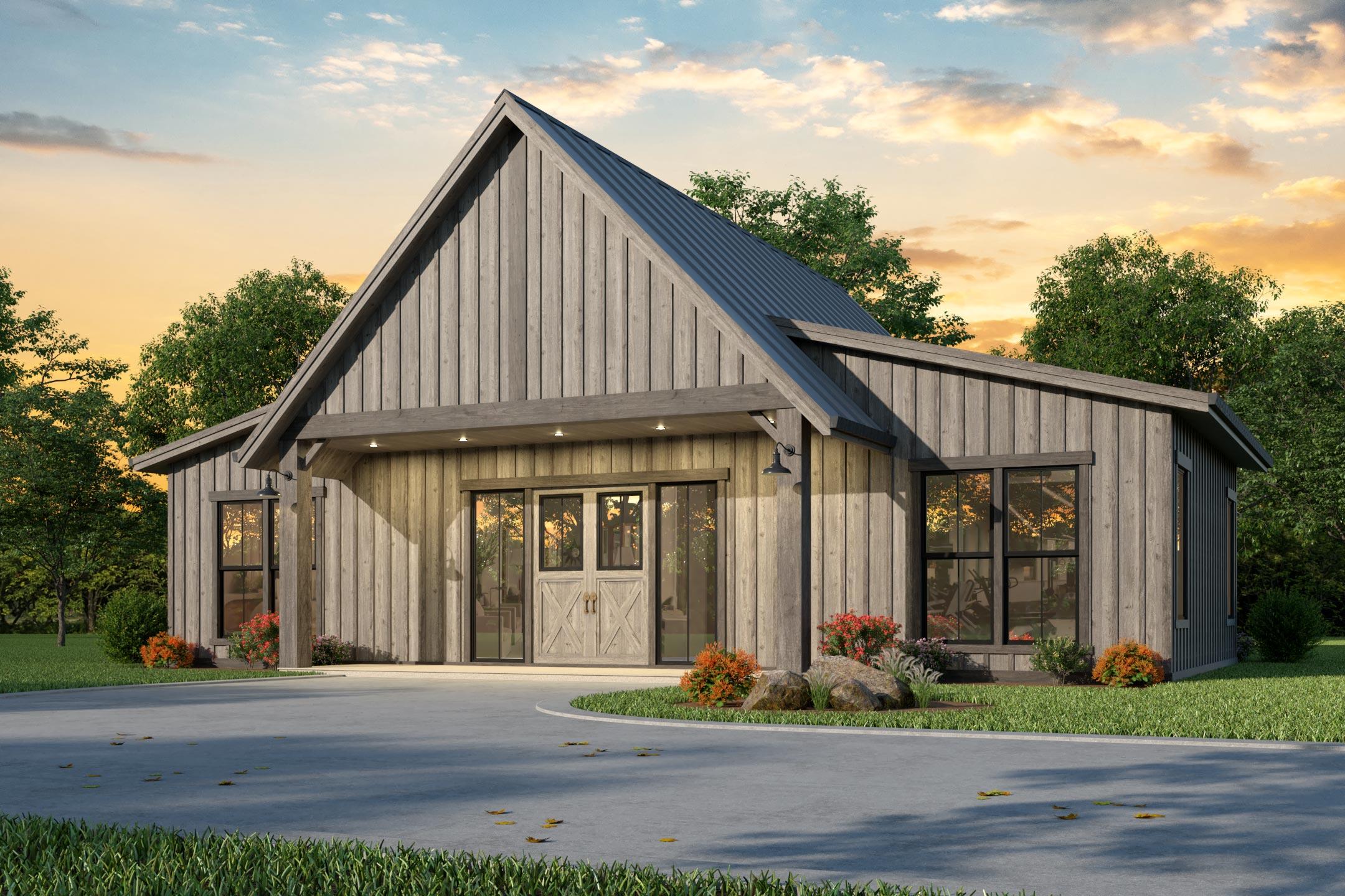 House plan exterior: Modern Farmhouse style, one story, featuring a prominent gable, covered entryway with double doors, and large windows.