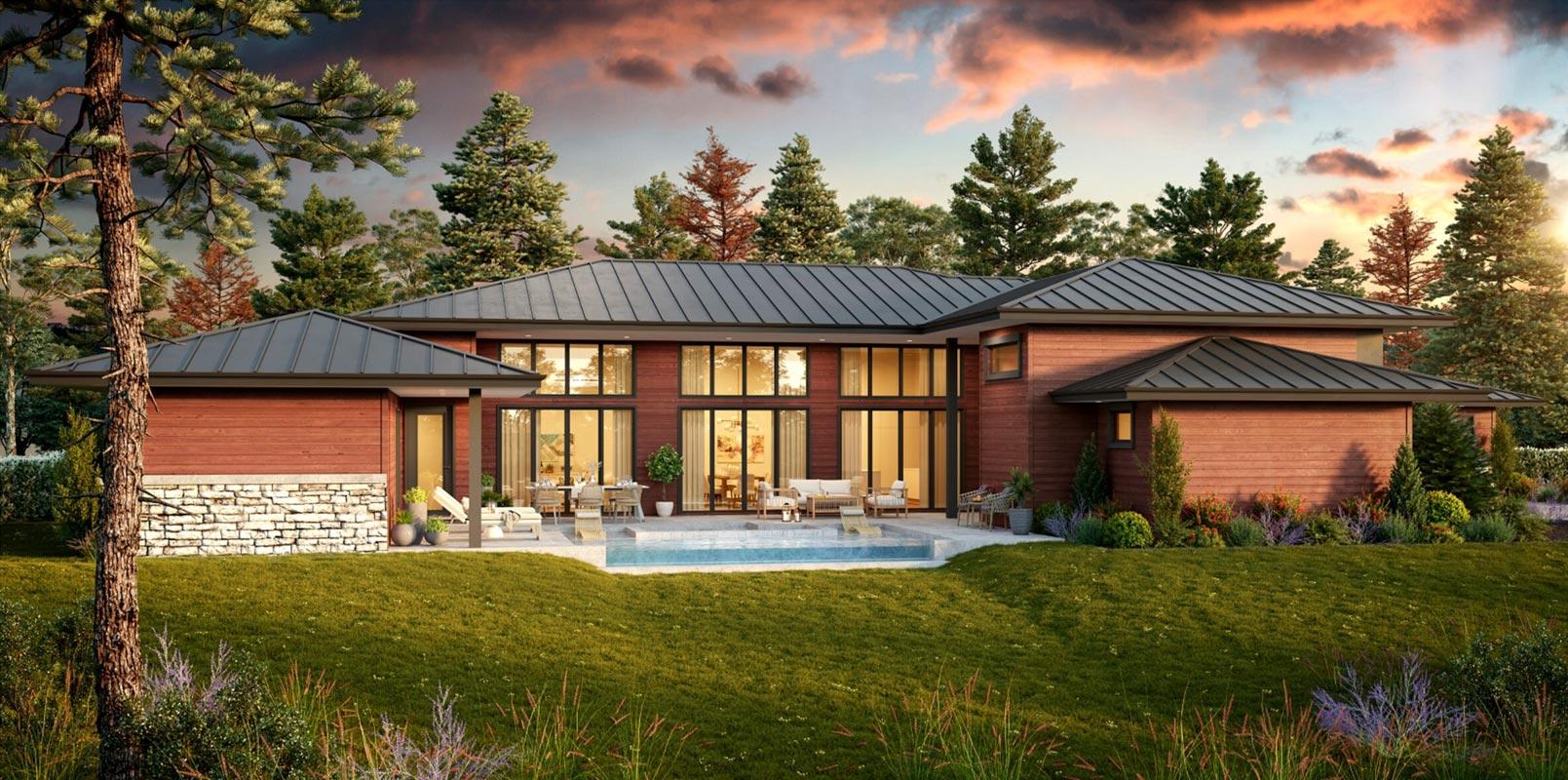 Modern house plan exterior with horizontal siding, stone base, metal hip roof, and large glass windows overlooking a pool.