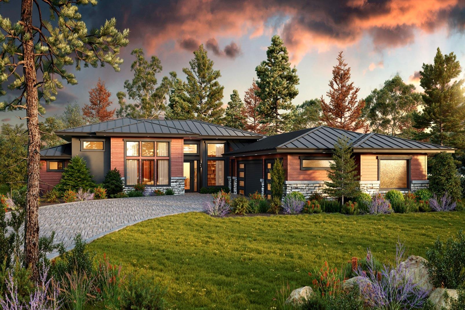 House plan exterior with modern style, one story, and flat roof. Features include a stone facade, wood siding, and an attached garage.