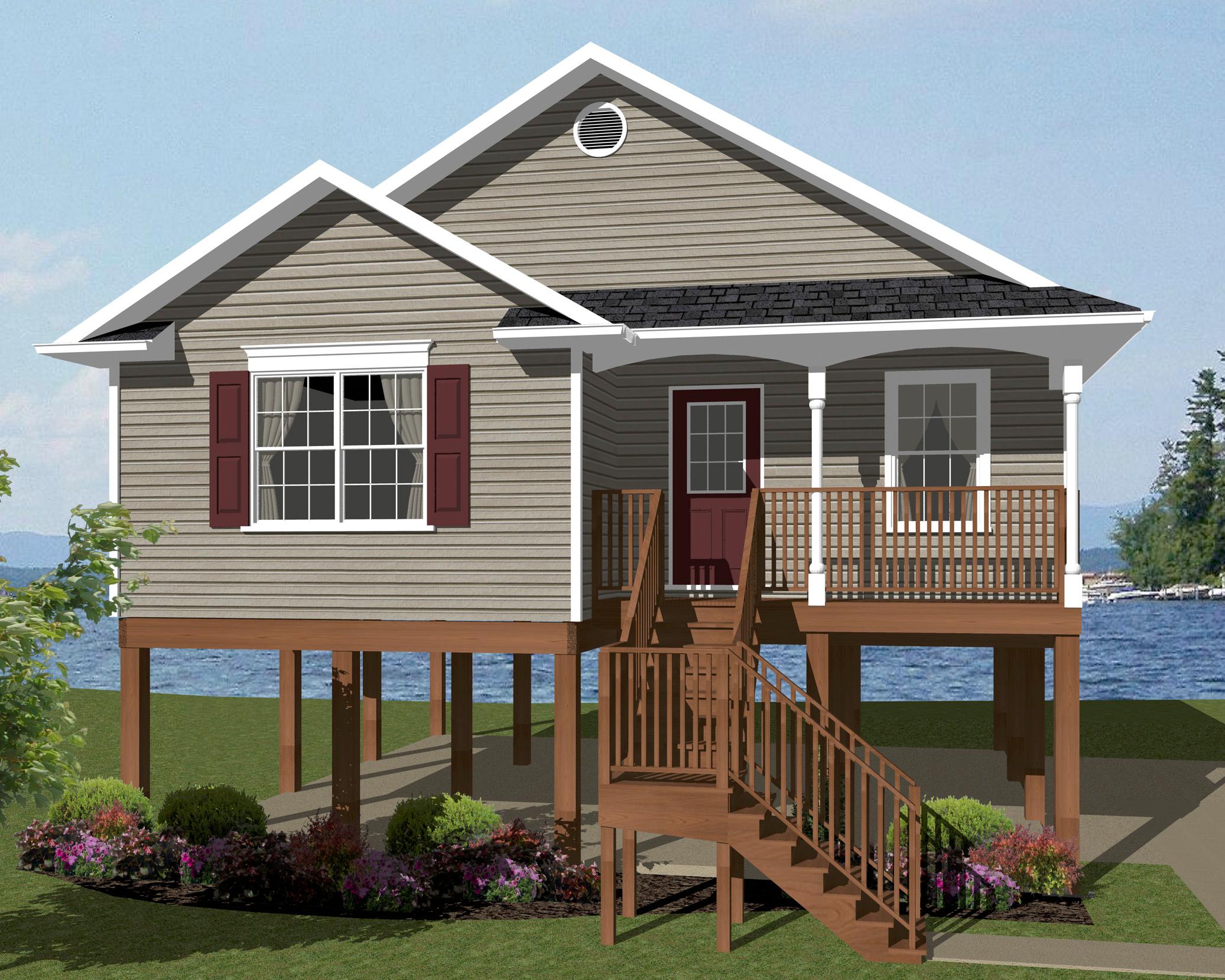 House plan exterior: One-story stilted house with a covered front porch, central entrance, and visible support pilings.