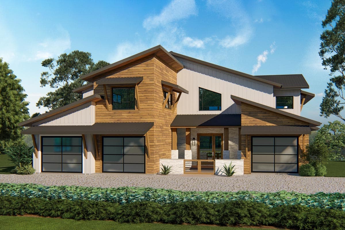 House plan exterior with two stories. Modern design featuring a shed roof, exposed beams, and a two-car garage with glass doors.
