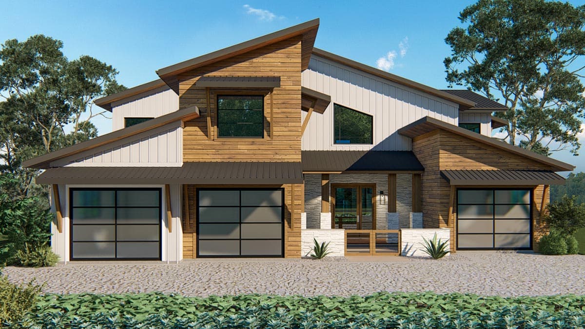 Modern house plan exterior with asymmetrical gables, wood siding, metal roofs, and three garage bays.