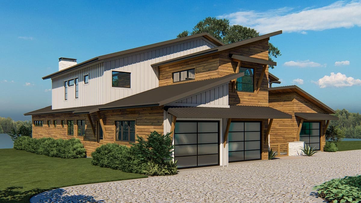 Modern house plan exterior with wood siding, metal roof, multiple gables, and two-car garage with glass doors.