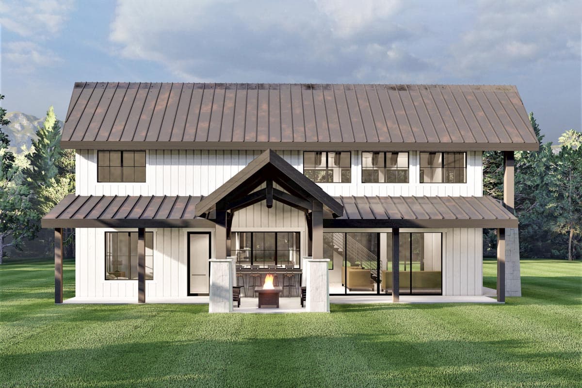 House plan exterior of a two-story modern home with a metal roof, board and batten siding, and an outdoor kitchen.