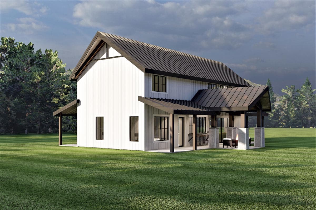 Modern farmhouse house plan exterior, two stories, with a metal roof, board and batten siding, and covered porch with stone columns.