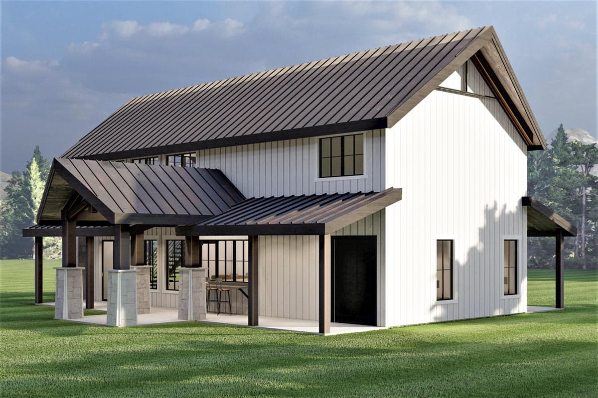 Modern Farmhouse house plan exterior, two stories, white board-and-batten siding, metal roof, covered porch with stone pillars.