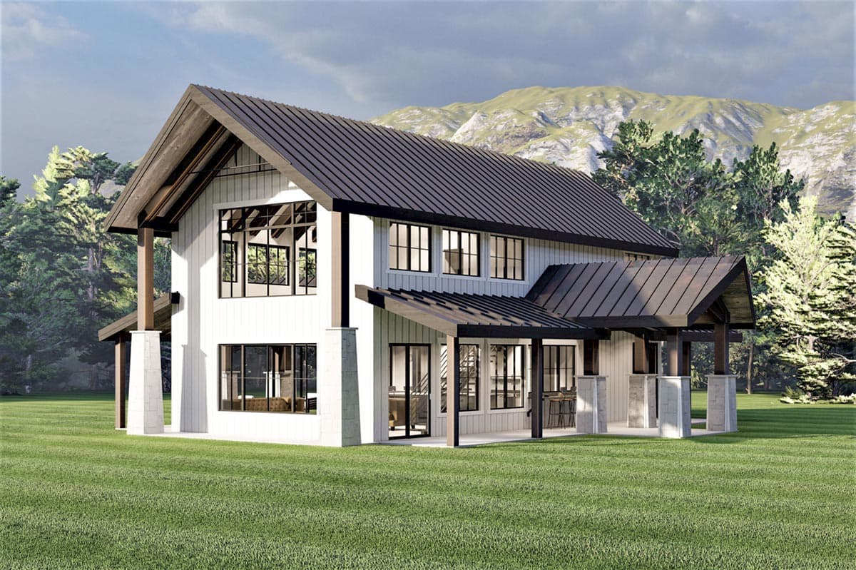 Modern Farmhouse house plan exterior, two stories, metal roof, large windows, gabled entrance, covered porch.