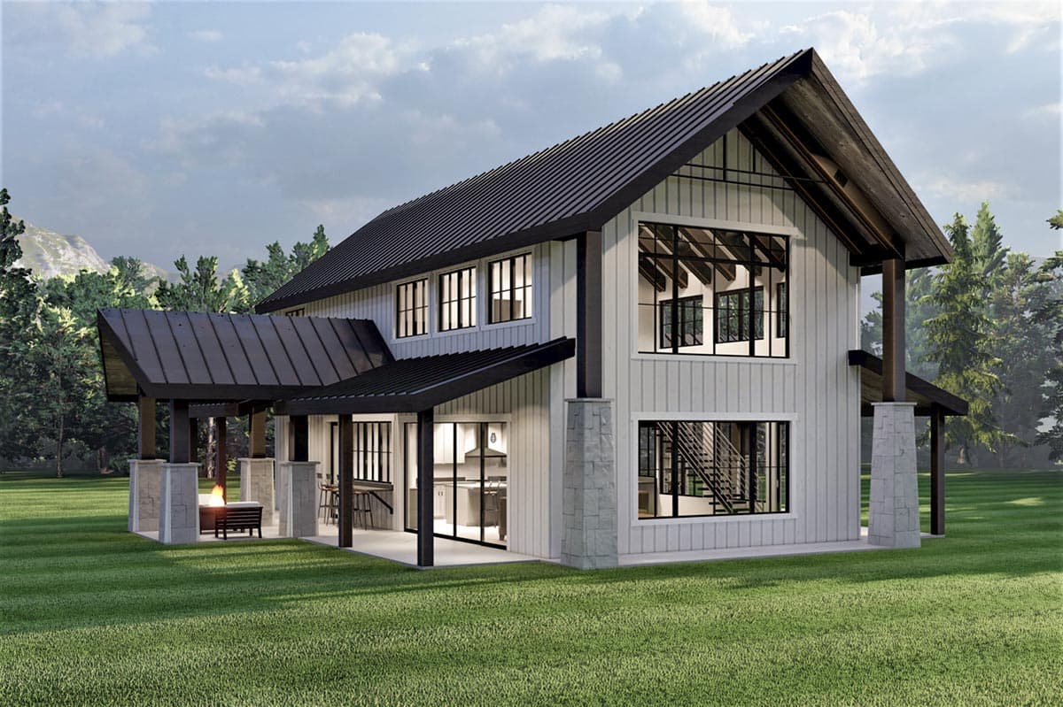 Modern Farmhouse house plan exterior, two stories, black metal roof, large windows, covered porch with stone columns and fire pit.