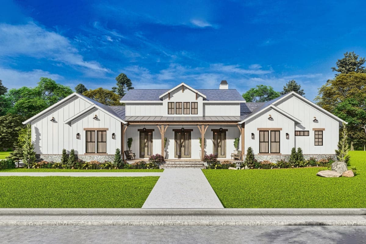 House plan exterior. Modern Farmhouse style, two stories. Features include a covered porch, gable rooflines, and board-and-batten siding.