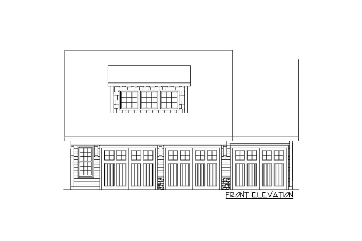 Front elevation drawing of a house plan with a large garage featuring five doors, windows, and a dormer.