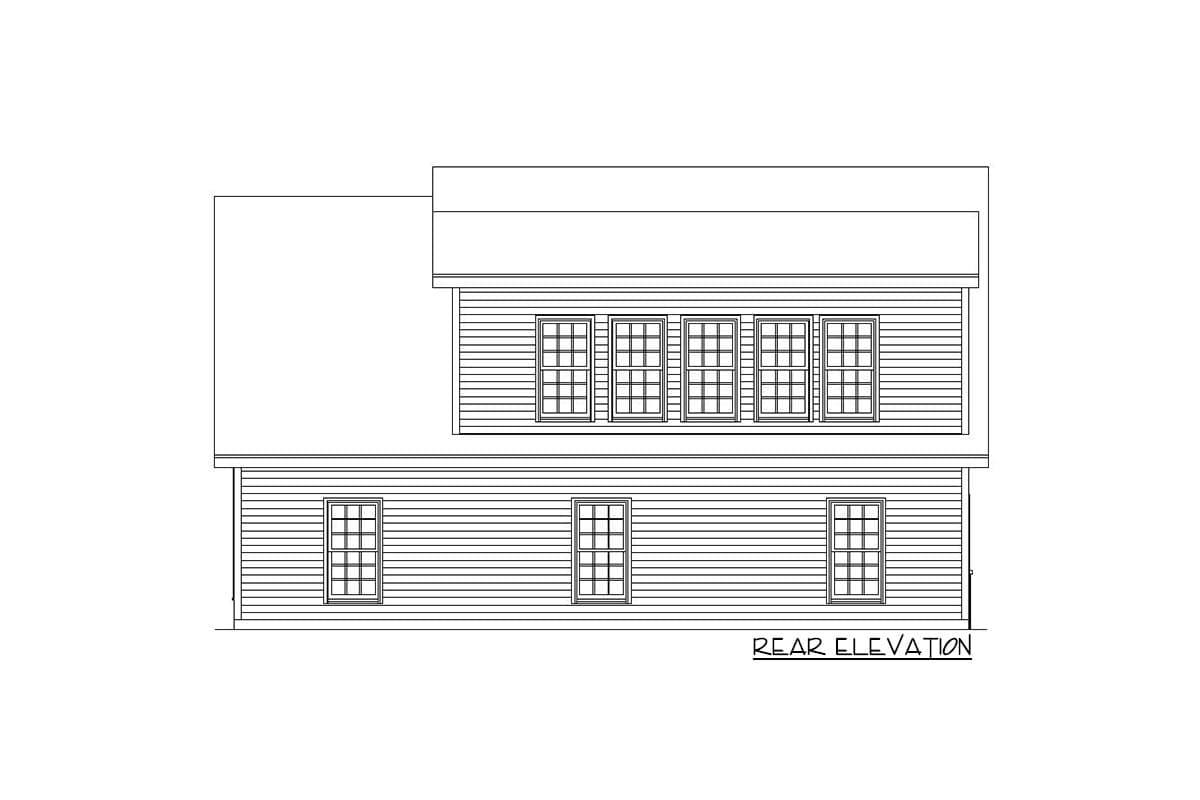 Rear elevation drawing of a two-story house plan with horizontal siding and multiple windows on each level.