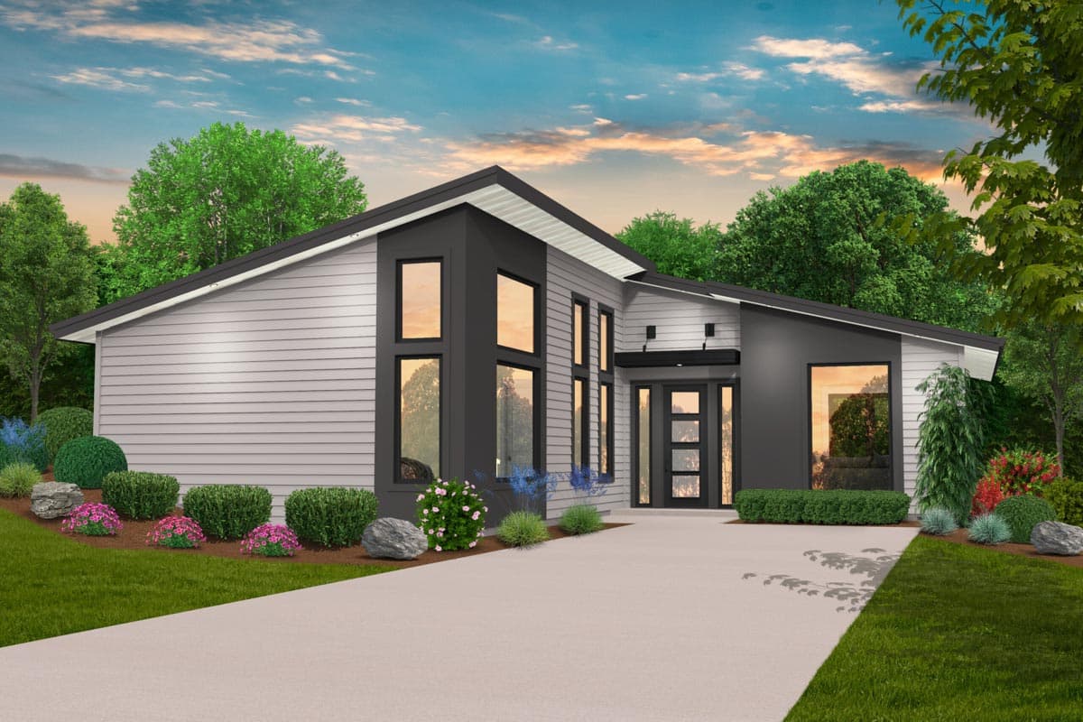 House plan exterior. Modern style, single story. Features include a low-slope roof, large windows, and a covered entry.