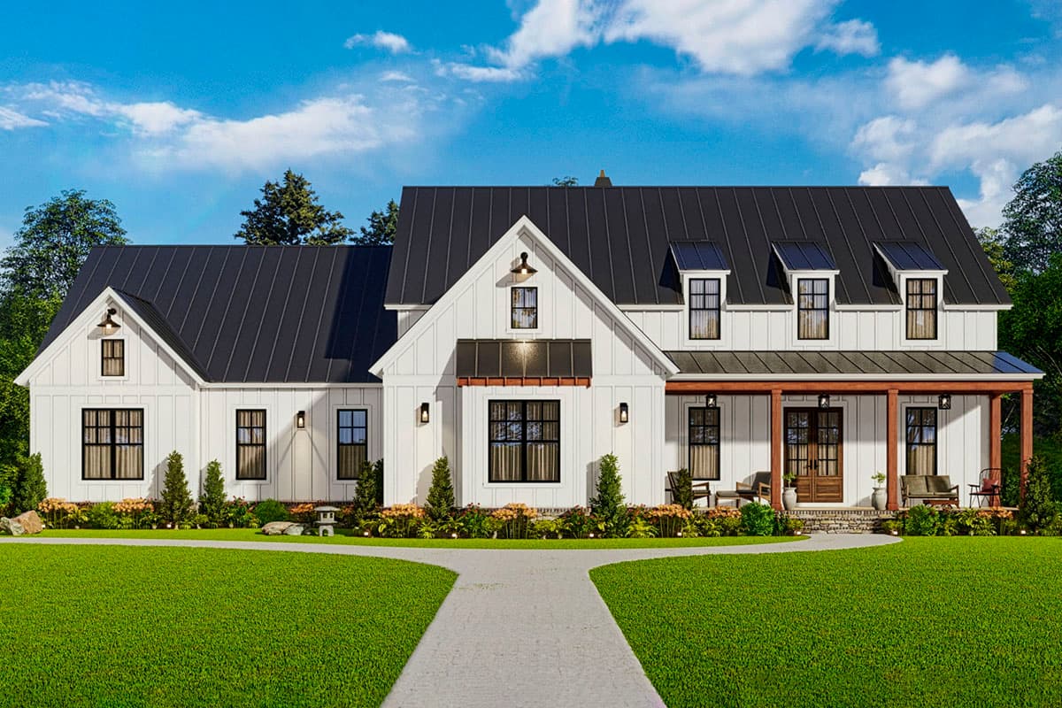 Modern Farmhouse house plan exterior with white board and batten siding, gabled dormers, and a covered front porch with wooden columns.