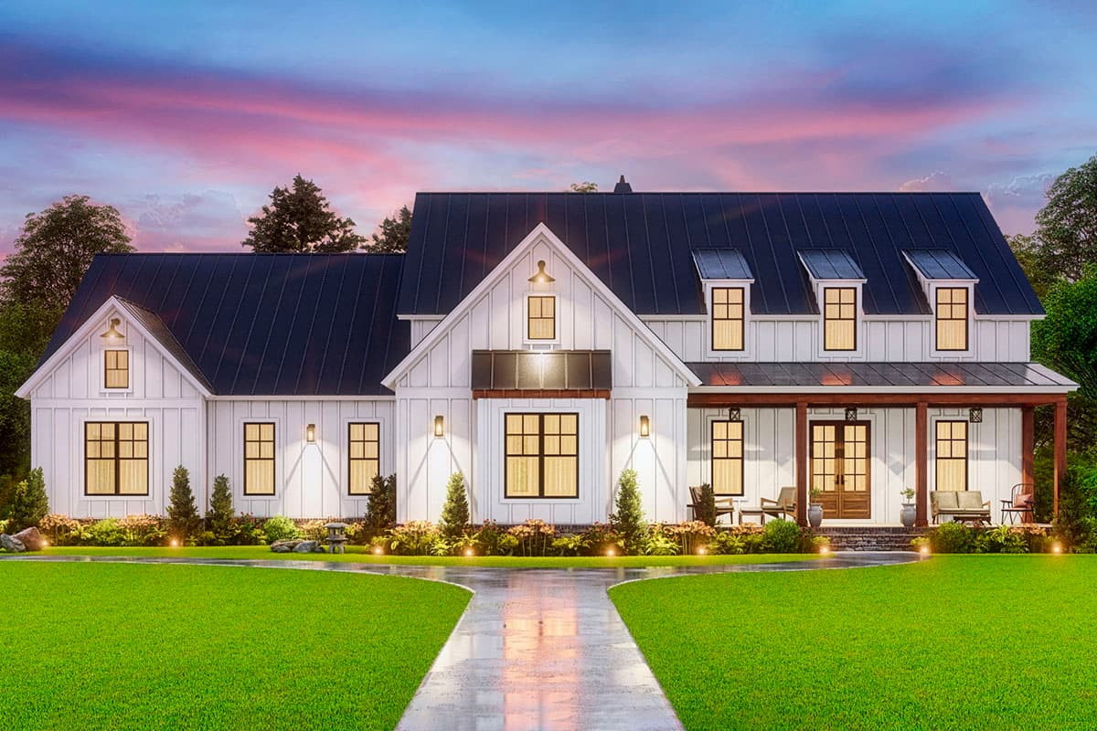 Modern Farmhouse house plan exterior with a gabled roof, dormers, and a covered porch. Two-story structure with a symmetrical facade.