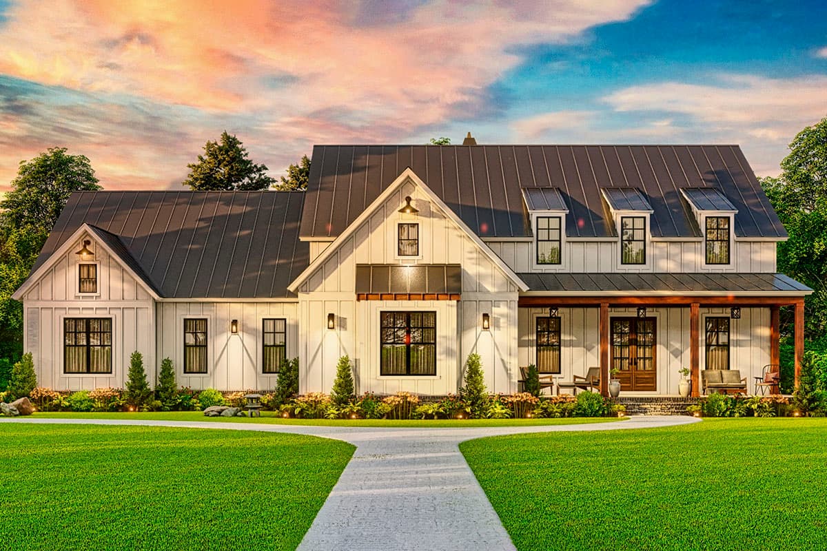 Modern Farmhouse style house plan exterior with two stories, gabled dormers, board and batten siding, and a covered front porch.