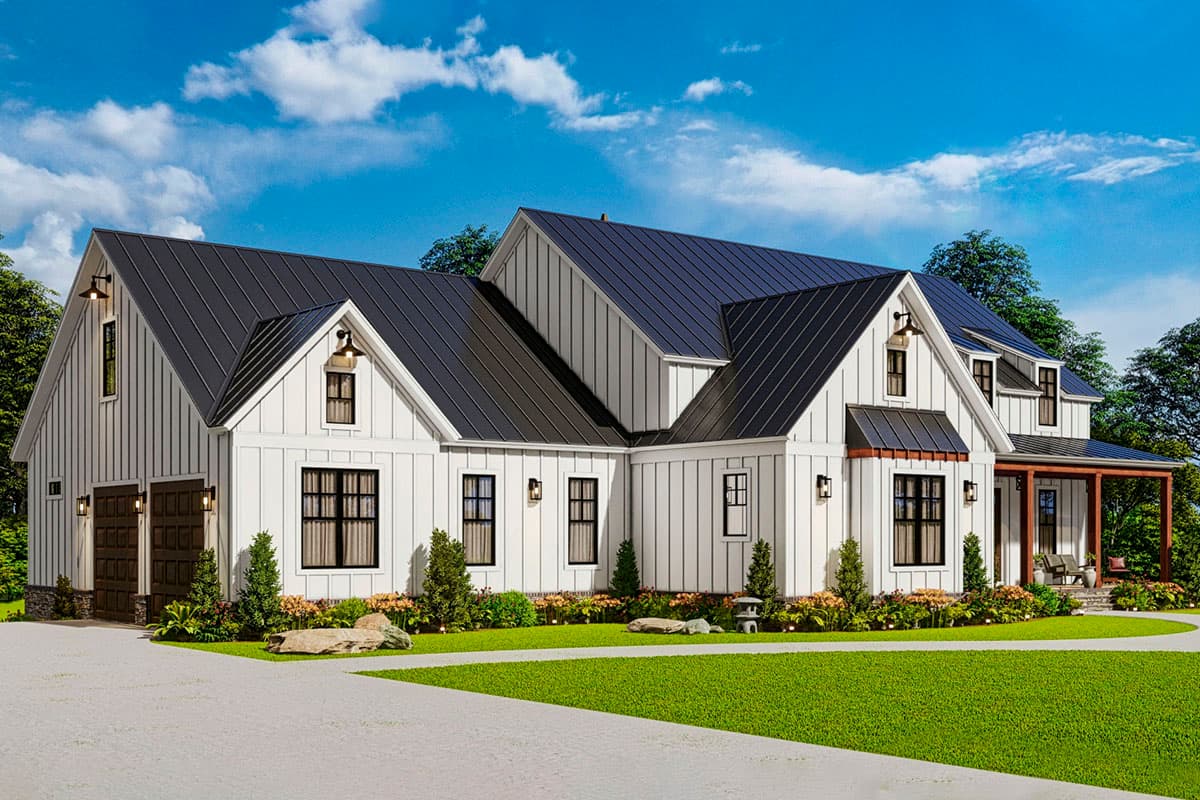 Modern Farmhouse house plan exterior with white board-and-batten siding, black metal roof, gable dormers, and attached garage.