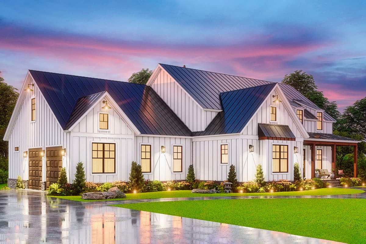 Modern Farmhouse house plan exterior, two stories, white board and batten siding, dark metal roof, gable dormers, and attached garage.
