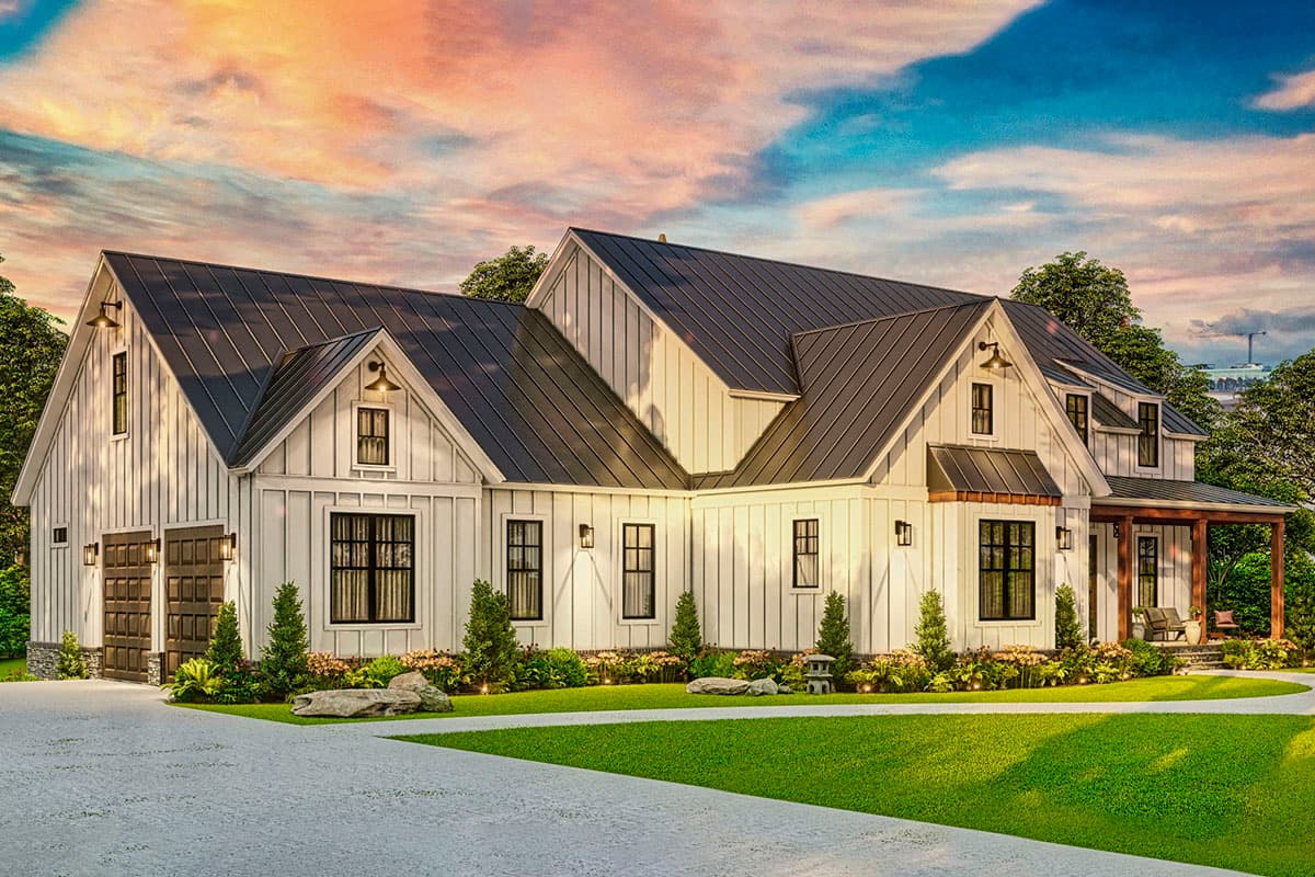 Modern Farmhouse house plan exterior with white board and batten siding, dark metal roof, gables, dormers, and covered front porch.