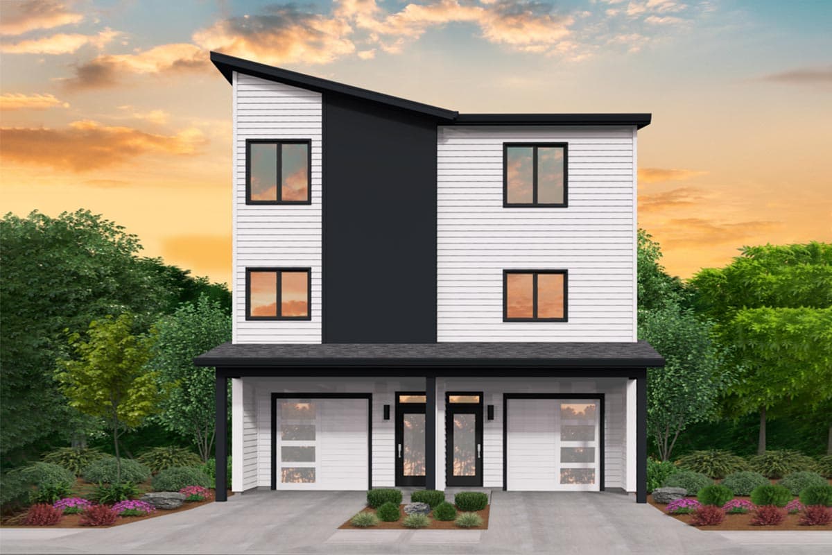 Modern house plan exterior with two stories, two-car garage, and asymmetrical roofline. Features include white siding and black accents.