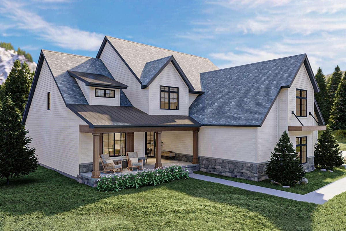 Modern Farmhouse house plan exterior with prominent gables, a covered porch with timber posts, and stone accents.