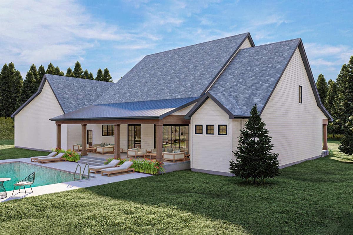 Modern Farmhouse house plan exterior with a gabled roof, covered porch with wood columns, and multiple windows.