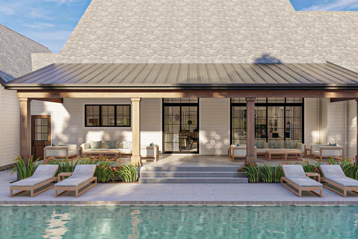 Modern Farmhouse house plan exterior with covered porch, metal roof, large windows, and outdoor living space.