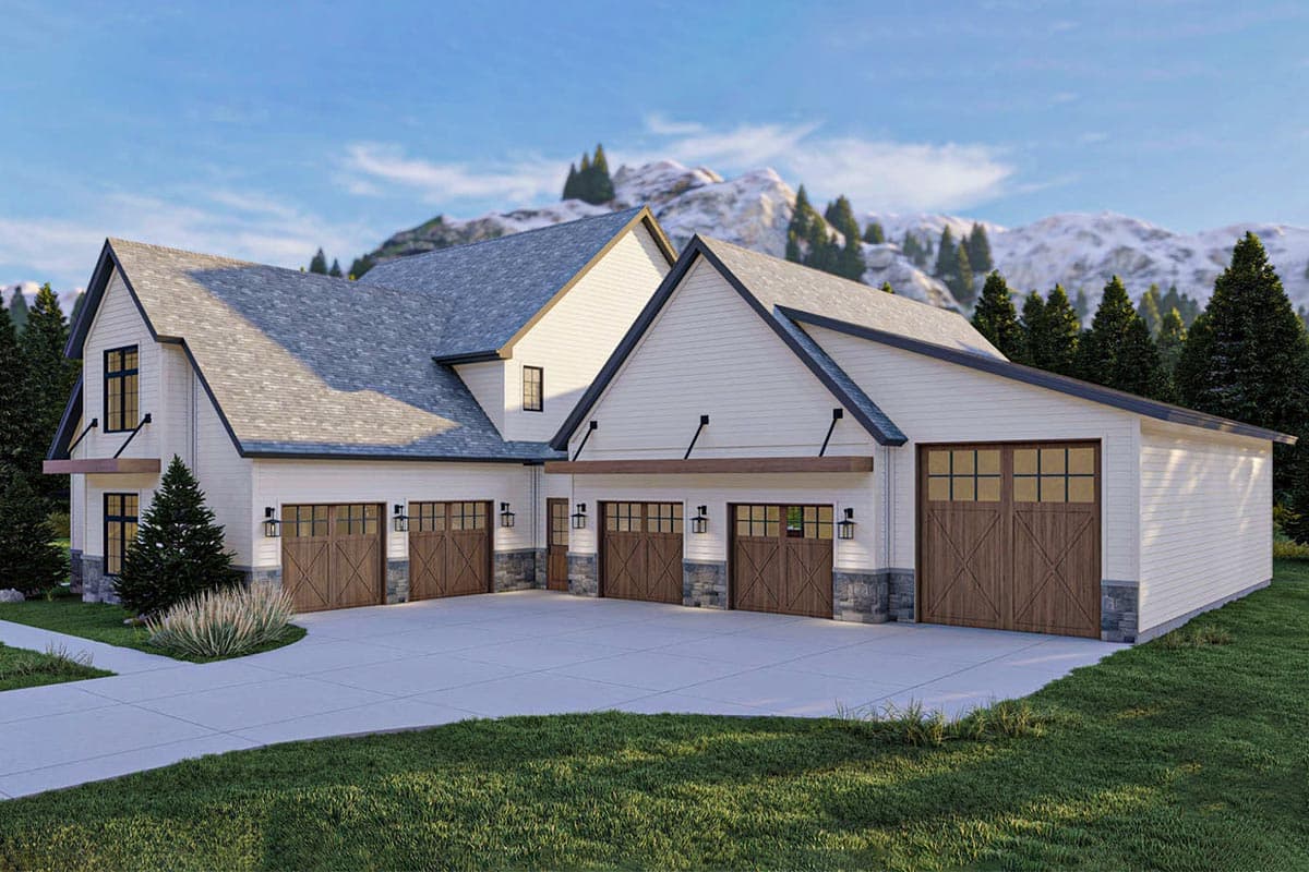 Modern Farmhouse house plan exterior with a four-car garage, gables, and stone accents.