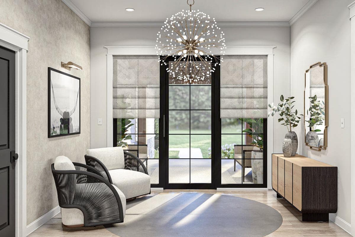 Interior rendering of a hallway with two chairs, large French doors, and a statement light fixture.