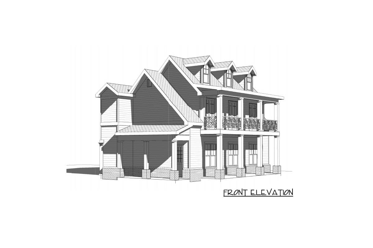 Front elevation drawing of a two-story house plan with double porches, dormers, and hip and gable rooflines.