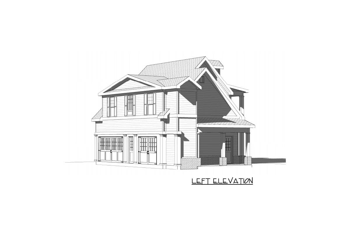 Left elevation house plan of a two-story home with gables, dormers, a covered porch, and a multi-panel garage.