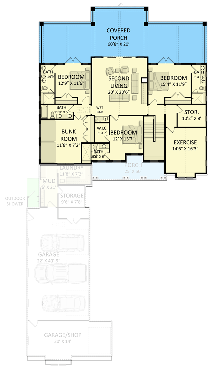 Plan 25432TF: Well-appointed Modern Farmhouse Plan with Stacked Rear Porches and Bunk Room - Floor Plan - 2nd Floor - Country, Farmhouse, Modern Farmhouse, New American
