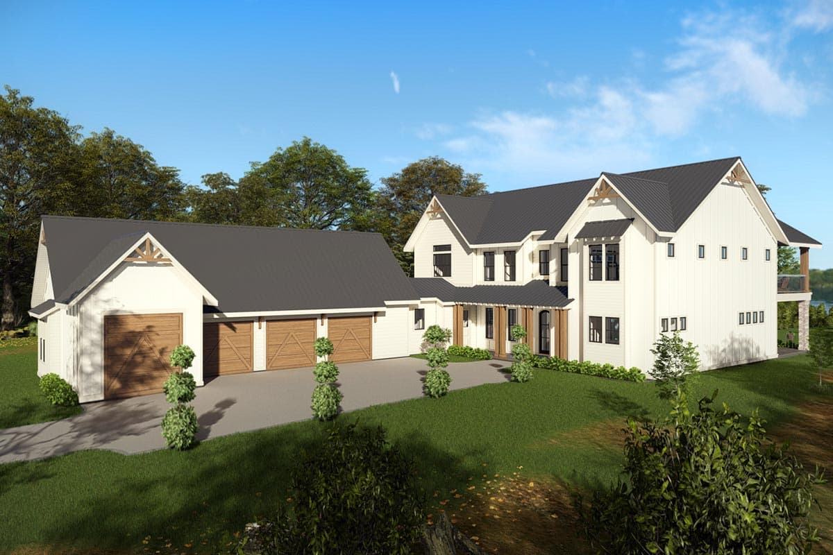 Modern farmhouse exterior house plan with two stories, gables, a covered porch, and a detached garage with three bays.