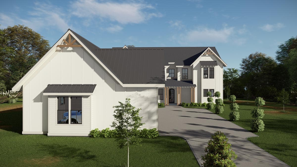 Modern farmhouse house plan exterior with white board and batten siding, dark metal roof, exposed rafter tails, and a covered entry.