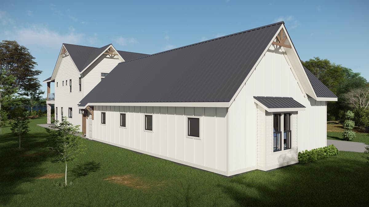 Modern Farmhouse house plan exterior, two stories, white board and batten siding, dark metal roof, gable accents.
