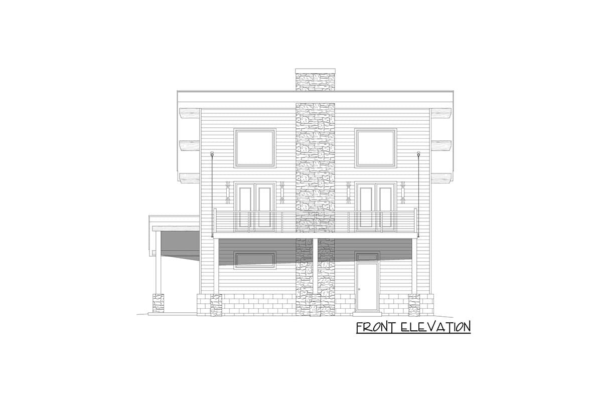 Front elevation drawing of a two-story house plan with horizontal siding, stone chimney, balconies, and covered entry.
