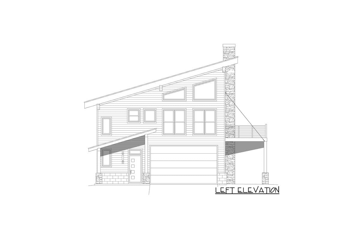 Left elevation drawing of a two-story house with a sloped roof, prominent stone chimney, porch, and attached garage.