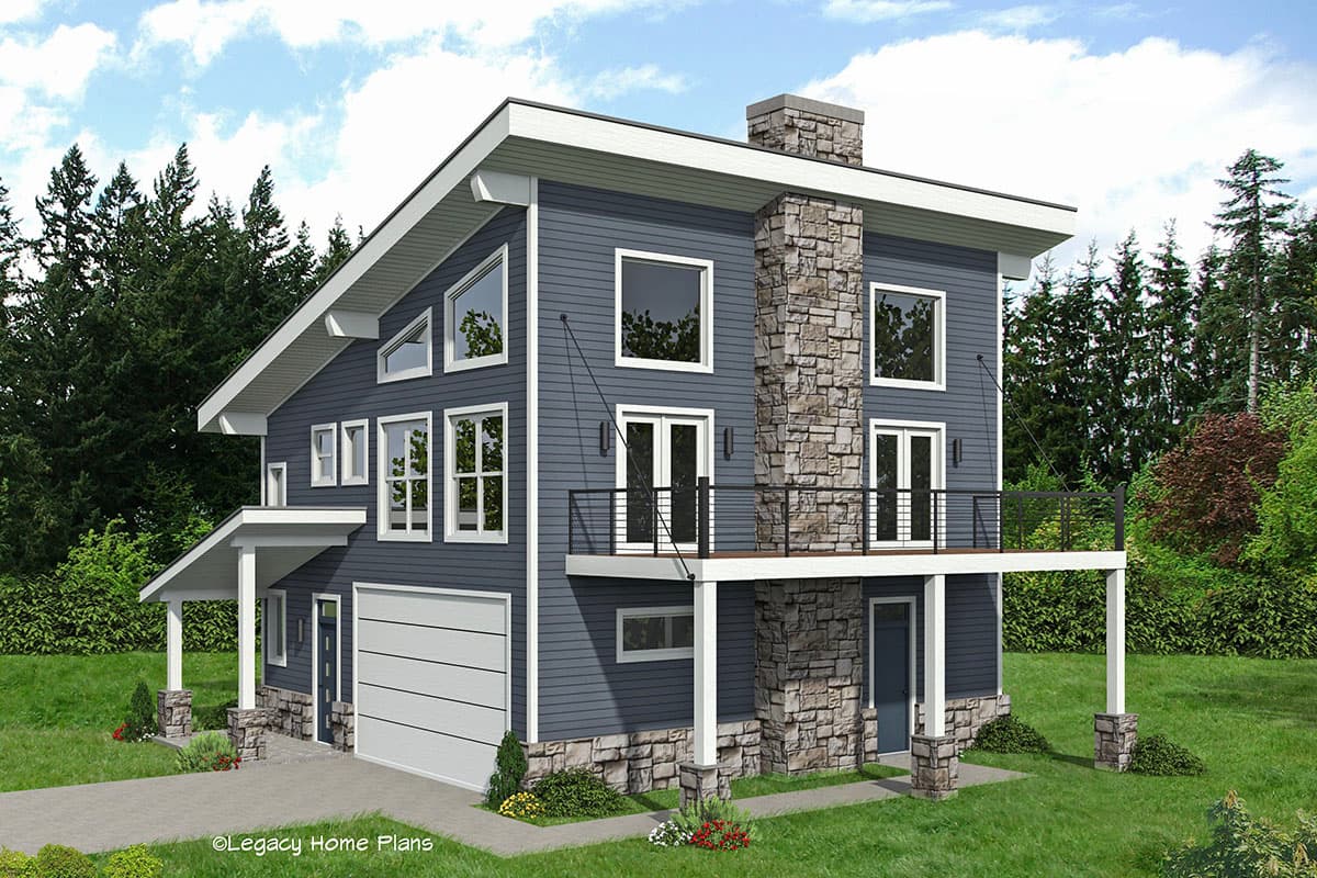 House plan exterior. Two-story modern house with a shed roof, a stone chimney, a balcony, and a garage.