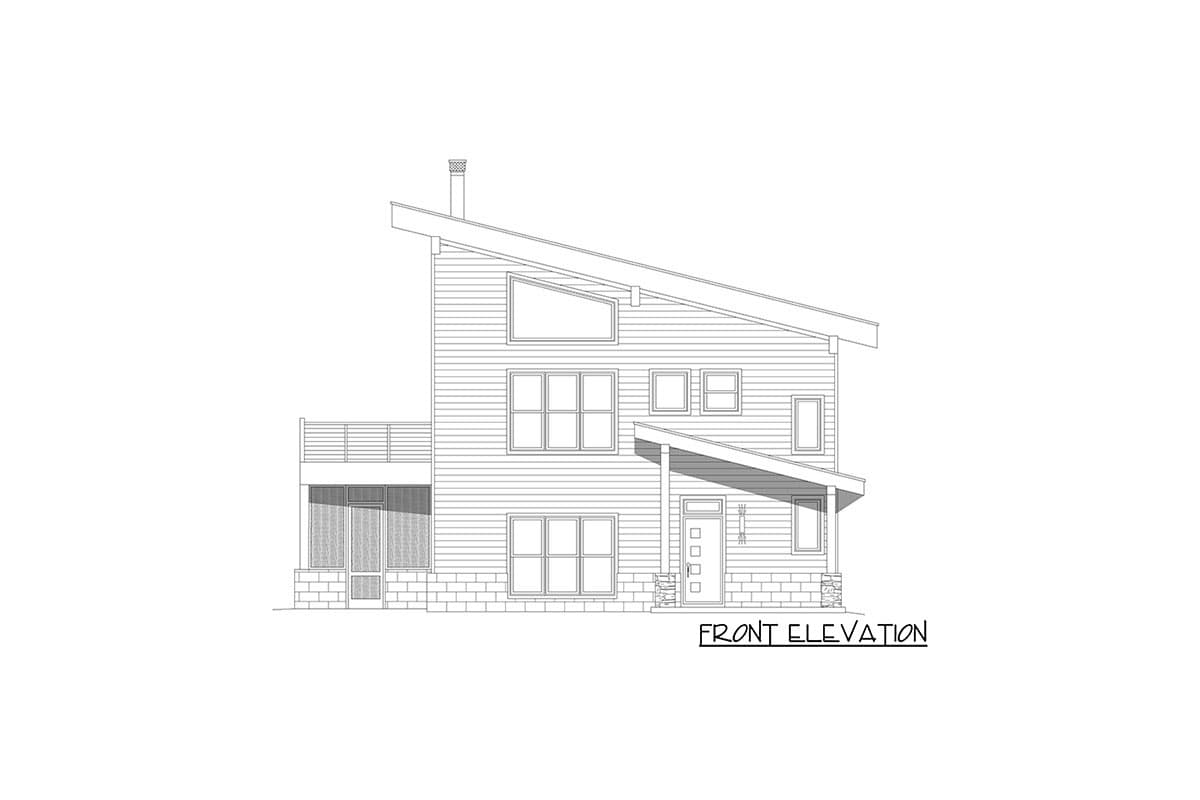 Front elevation drawing of a two-story house with a sloped roof, large windows, porch, and balcony.