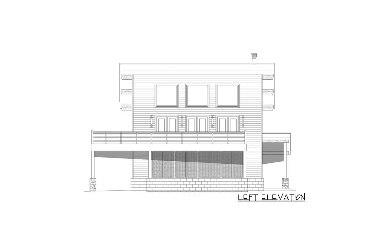 Left elevation house plan showing a two-story modern home with horizontal siding, a second-floor deck, and a covered patio.