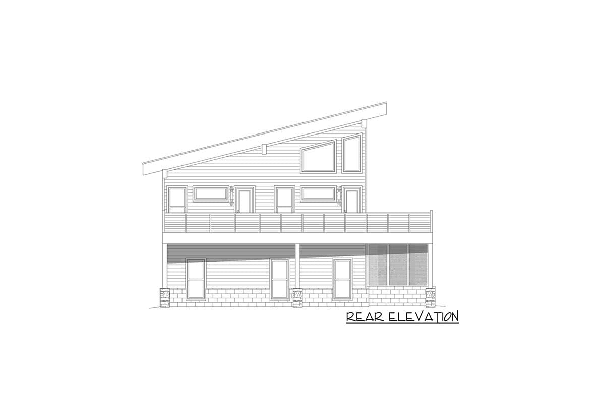 Rear elevation drawing of a two-story house with a sloped roof, balcony, and horizontal siding.