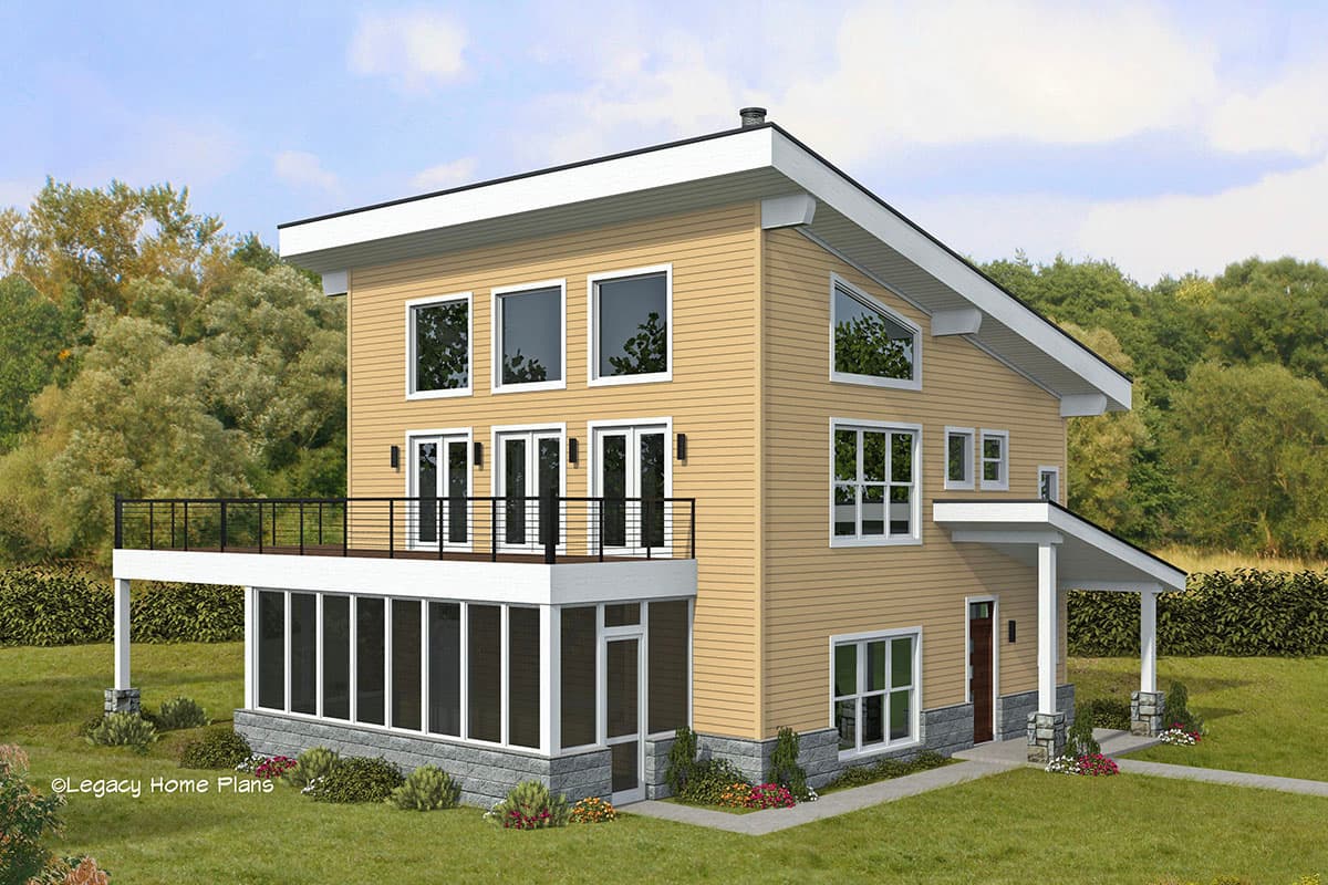 House plan exterior. Two-story modern style with horizontal siding, a covered porch, and a second-story balcony. Features include a sloped roof.