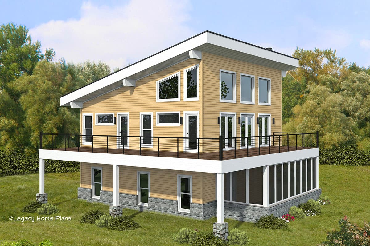 Modern house plan exterior with a sloped roof, wraparound deck, and lower-level sunroom. Features large windows and horizontal siding.