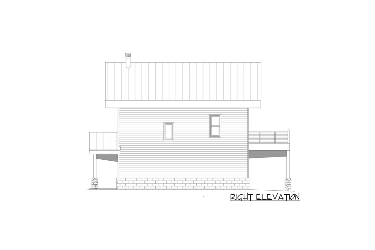 House plan right elevation: clad siding, gabled roof, chimney, two windows, and a deck.